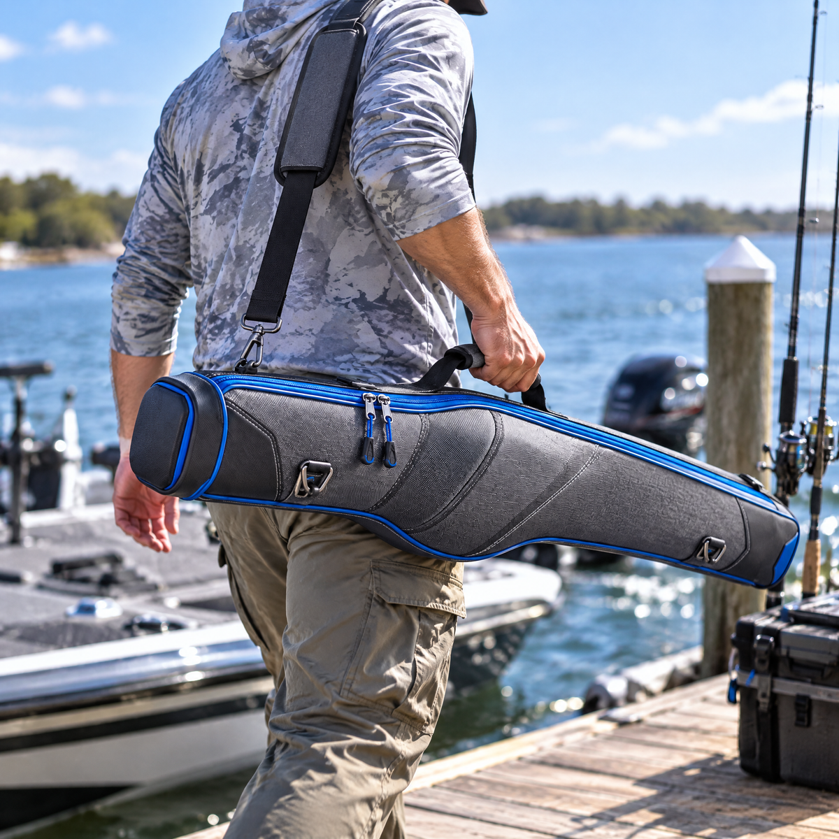 Fishing Rod and Reel Protective Cover in use