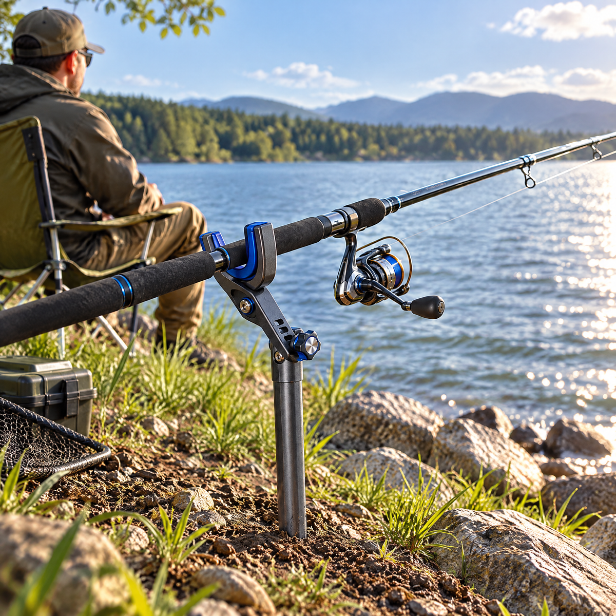 Bank-side fishing rod holder in use