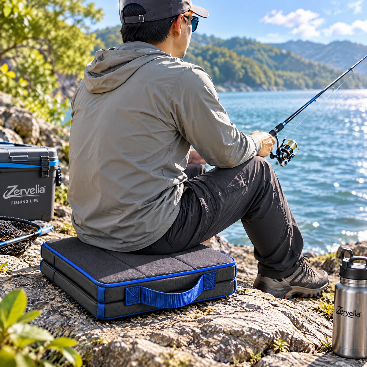 Foldable fishing seat cushion in use