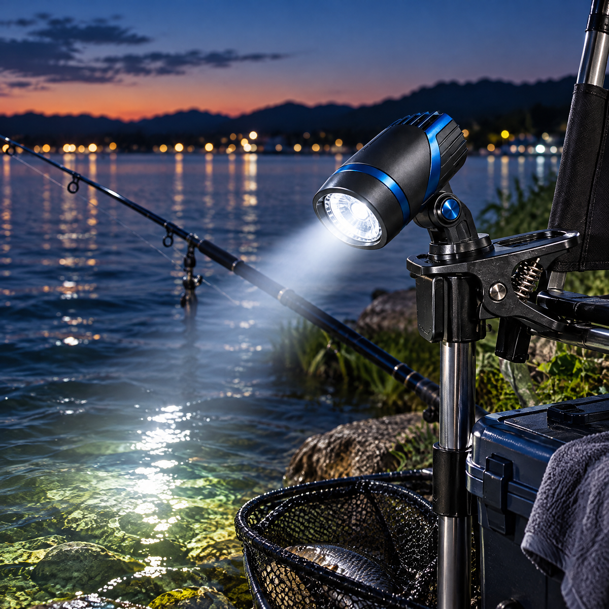 Clip-on night fishing light in use